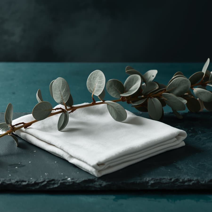 Eucalyptus branches beside a folded white cotton shirt